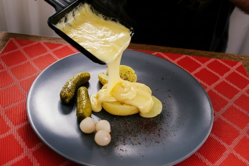 Fromage à raclette fondu sur pommes de terre et charcuterie